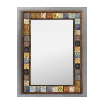 Oscar Stone Ahşap 53x73 cm Seramik Desen Eskitme Çiçek Vintage Çerçeveli Mozaik Mermer Ayna