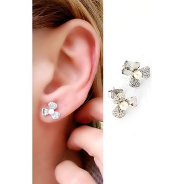 Oseshop Incili Zirkon Taşlı 925 Ayar Gümüş İtalyan Tasarımı Çiçek Küpe