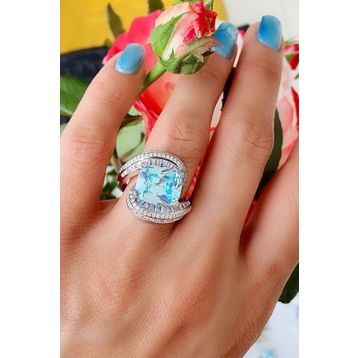 Oseshop Pırlanta Parlaklığında Zirkon Taş Detaylı 925 Ayar Gümüş Aquamarin Taşlı Exclusive Yüzük
