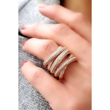 Oseshop Pırlanta Parlaklığında Zirkon Taşlı 925 Ayar Gümüş Rose Altın Kaplama İtalyan Tasarımı Atlamalı Yüzük