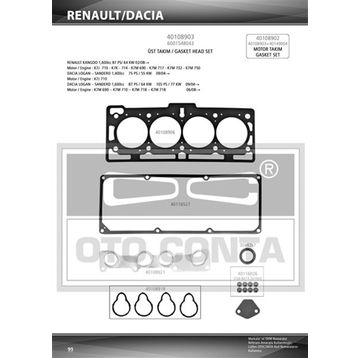 Otoconta 40108903 Dacia Logan 1.4-1.6 8V K7J 710- K7M 690 Keçeli Subap Lastikli Üst Takım Contası