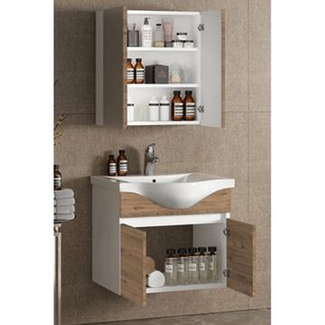 Özceden Yıldız 55 cm Beyaz-Atlantik Çam MDF Seramik Lavabolu Asma Banyo Dolabı Takımı