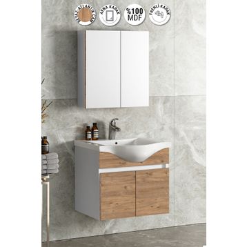 Özceden Yıldız 55 cm Beyaz-Atlantik Çam MDF Seramik Lavabolu Asma Banyo Dolabı Takımı