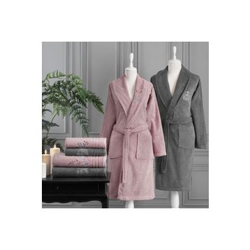 Özdilek Soft Leaf Antrasit Pembe Aile Bornoz Seti