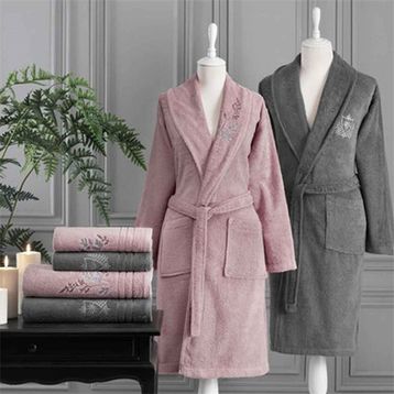 Özdilek Soft Leaf Antrasit Pembe Aile Bornoz Seti