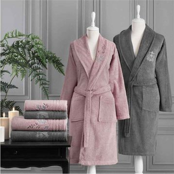 Özdilek Soft Leaf Antrasit Pembe Aile Bornoz Seti