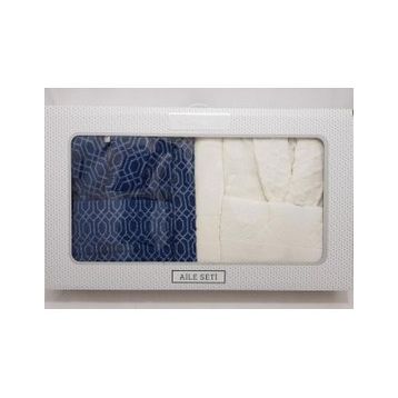 Özdilek Tile Diamond Krem Lacivert Aile Bornoz Seti