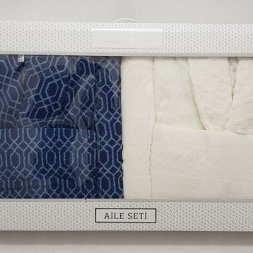 Özdilek Tile Diamond Krem Lacivert Aile Bornoz Seti