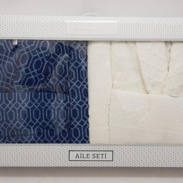 Özdilek Tile Diamond Krem Lacivert Aile Bornoz Seti