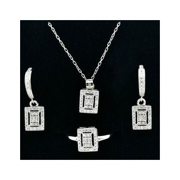 Özel Pırlanta Tasarımlı 925 Ayar Gümüş Baget Set Kolye Küpe Yüzük