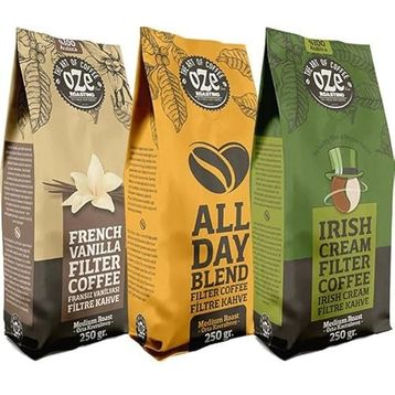 Ozeline 3'lü 250 gr Irish Cream + All Day Blend + Vanilya Aromalı Moka Pot İçin Öğütülmüş Filtre Kahve Tanışma Seti