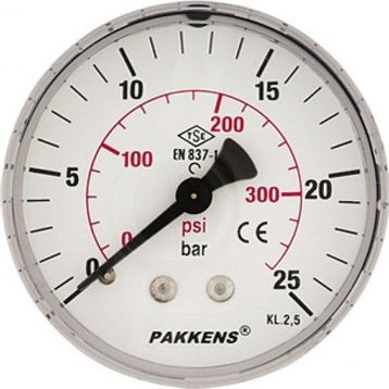 Pakkens 0-25 Bar 63 mm Arkadan Bağlantılı Kuru G 1/4 inç Manometre