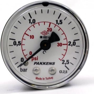 Pakkens 0-25 Bar 63 mm Arkadan Bağlantılı Kuru G 1/4 inç Manometre