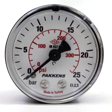 Pakkens 0-25 Bar 63 mm Arkadan Bağlantılı Kuru G 1/4 inç Manometre