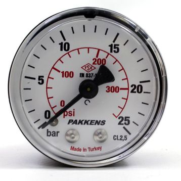 Pakkens 0-25 Bar 63 mm Arkadan Bağlantılı Kuru G 1/4 inç Manometre