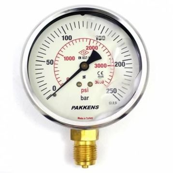 Pakkens 0-250 Bar 100 mm Alttan Bağlantılı Gliserinli G 1/2 inç Manometre