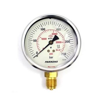Pakkens 0-250 Bar 100 mm Alttan Bağlantılı Gliserinli G 1/2 inç Manometre