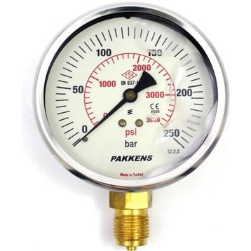 Pakkens 0-250 Bar 100 mm Alttan Bağlantılı Gliserinli G 1/2 inç Manometre