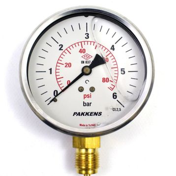 Pakkens Gliserinli G 1/2 inç 0-6 Bar 100 mm Alttan Bağlantılı Manometre