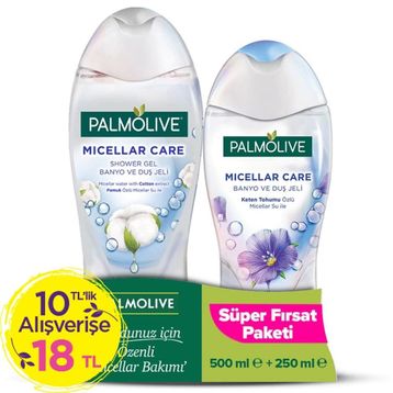 Palmolive Micellar Care Pamuk Özlü 500 ml + Keten Tohumu Özlü 250 ml Duş Jeli