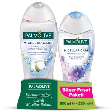 Palmolive Micellar Care Pamuk Özlü 500 ml + Keten Tohumu Özlü 250 ml Duş Jeli