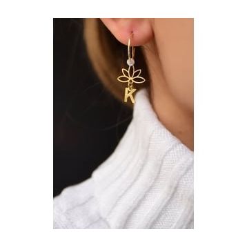 Papatya Silver 925 Ayar Gold Kaplama İncili Harf Lotus Halka Kadın Gümüş Küpe