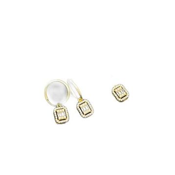Papatya Silver 925 Ayar Gümüş Gold Kaplama Zirkon Kare Baget Taş Halka Küpe ve Tepelikli Baget Kare Taş Kolye Set