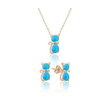 Papatya Silver 925 Ayar Gümüş Opal Taşlı Kedi Kadın Küpe Kolye