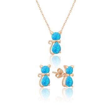 Papatya Silver 925 Ayar Gümüş Opal Taşlı Kedi Kadın Küpe Kolye