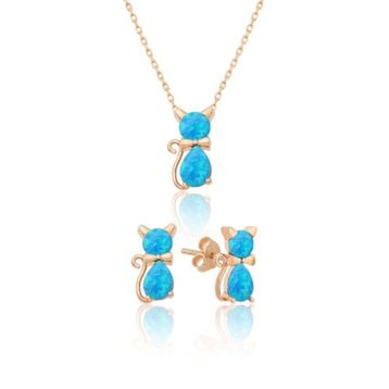 Papatya Silver 925 Ayar Gümüş Opal Taşlı Kedi Kadın Küpe Kolye