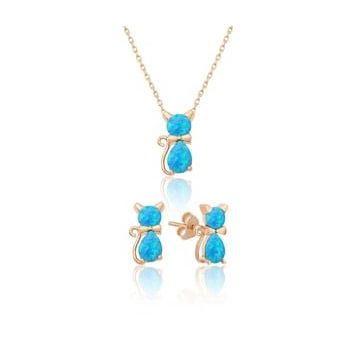 Papatya Silver 925 Ayar Gümüş Opal Taşlı Kedi Kadın Küpe Kolye