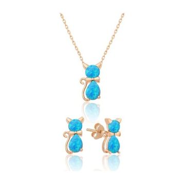 Papatya Silver 925 Ayar Gümüş Opal Taşlı Kedi Kadın Küpe Kolye