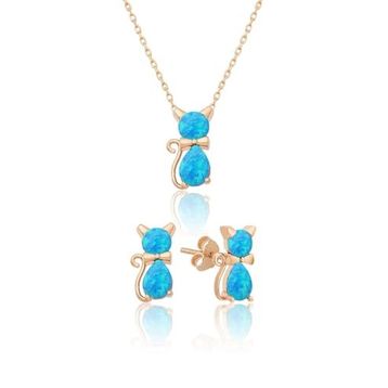 Papatya Silver 925 Ayar Gümüş Opal Taşlı Kedi Kadın Küpe Kolye
