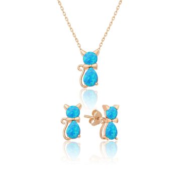 Papatya Silver 925 Ayar Gümüş Opal Taşlı Kedi Kadın Küpe Kolye