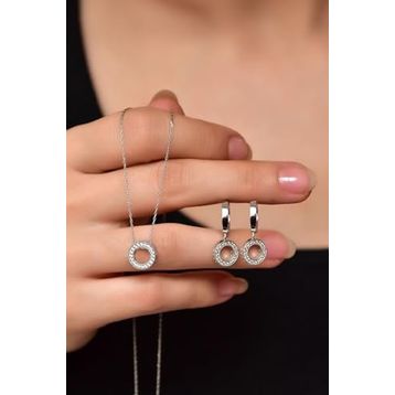 Papatya Silver 925 Ayar Gümüş Rodyum Kaplama Incılı Yuvarlak Kolye Ve Küpe Set