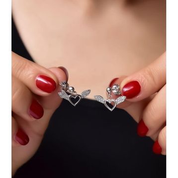 Papatya Silver 925 Ayar Rodyum Kaplama Kalp Kanat Çivili Gümüş Küpe