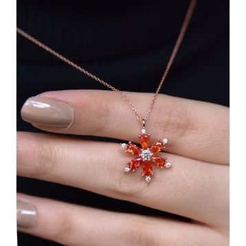 Papatya Silver 925 Ayar Turuncu Taşlı Kamelya Çiçeği Kadın Gümüş Kolye