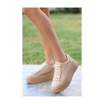 Papuç Sepeti 2596 Krem Kadın Yüksek Topuk Günlük Sneaker Ayakkabı
