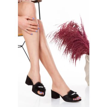 Papuç Sepeti 4853 Siyah Kadın Taşlı Kare Topuk Rahat Terlik