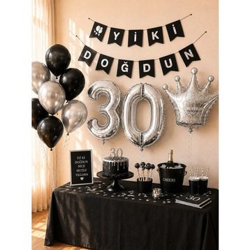 Parti Adresi 30 Yaş Balon Seti Siyah Gümüş Doğum Günü Parti Seti