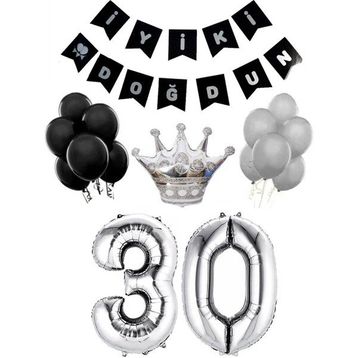 Parti Adresi 30 Yaş Balon Seti Siyah Gümüş Doğum Günü Parti Seti