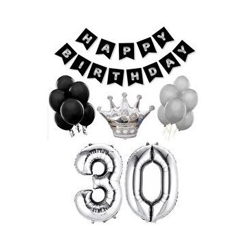 Parti Adresi 30 Yaş Balon Seti Siyah Gümüş Doğum Günü Parti Seti