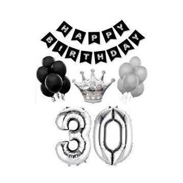 Parti Adresi 30 Yaş Balon Seti Siyah Gümüş Doğum Günü Parti Seti