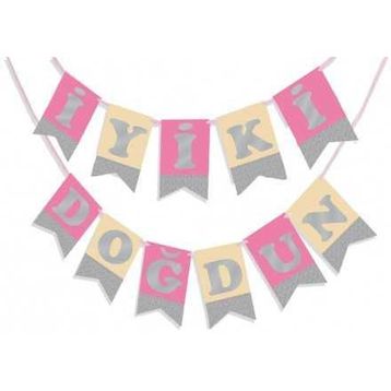 Partici Pembe Gümüş Yaldızlı İyi Ki Doğdun Banner