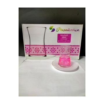 Paşabahçe 1103753 Neon Pembe Çiçek Beyaz Tabak Çay Takımı