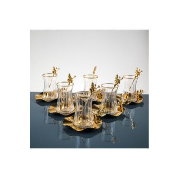 Paşabahçe Japon Güllü Yaldız Dekorlu Metal Gold Renk 18 Parça 6 Kişilik Çay Seti