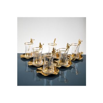 Paşabahçe Japon Güllü Yaldız Dekorlu Metal Gold Renk 18 Parça 6 Kişilik Çay Seti