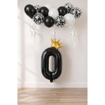 Patladı Gitti 0 Rakam Siyah Kral Tacı ve Konfetili Folyo Balon Set