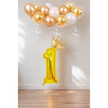 Patladı Gitti 1 Rakam Gold Kral Tacı ve Konfetili Folyo Balon