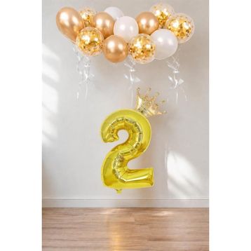Patladı Gitti 2 Rakam Gold Kral Tacı ve Konfetili Folyo Balon
